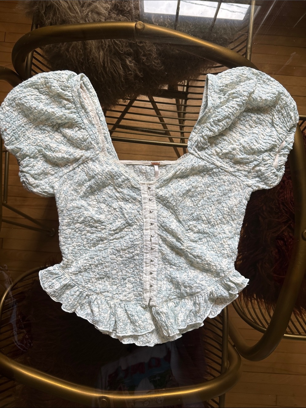 Free People Light Blue Ruffled Puff-Sleeve Top